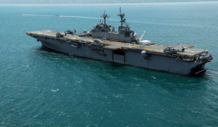 A handout image made available by the US Navy showing the amphibious assault ship USS Kearsarge