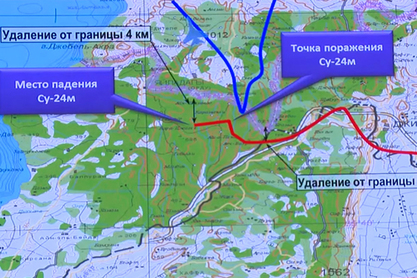 Црвеним је означена линија лета руског Су-24, а плавим – линија лета турског F-16